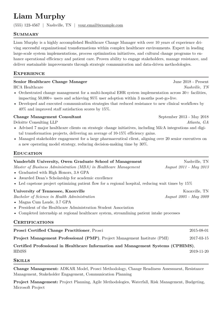 Healthcare Change Manager Resume Example CV template preview