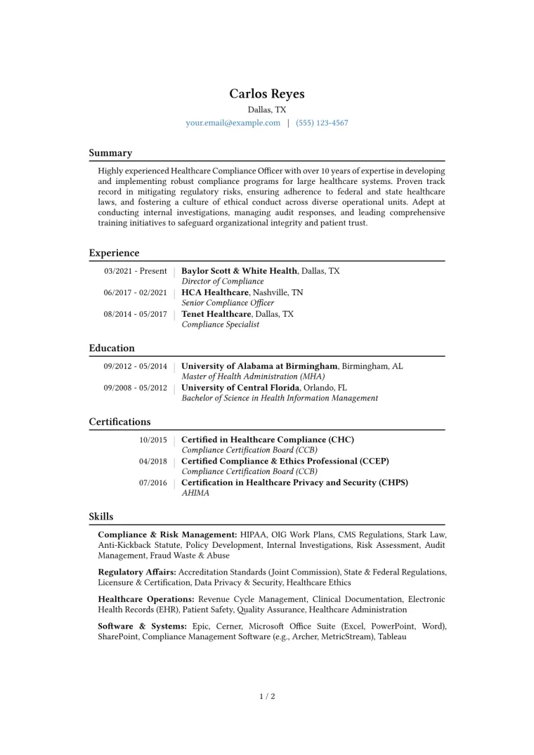 Healthcare Compliance Officer Resume Example CV template preview