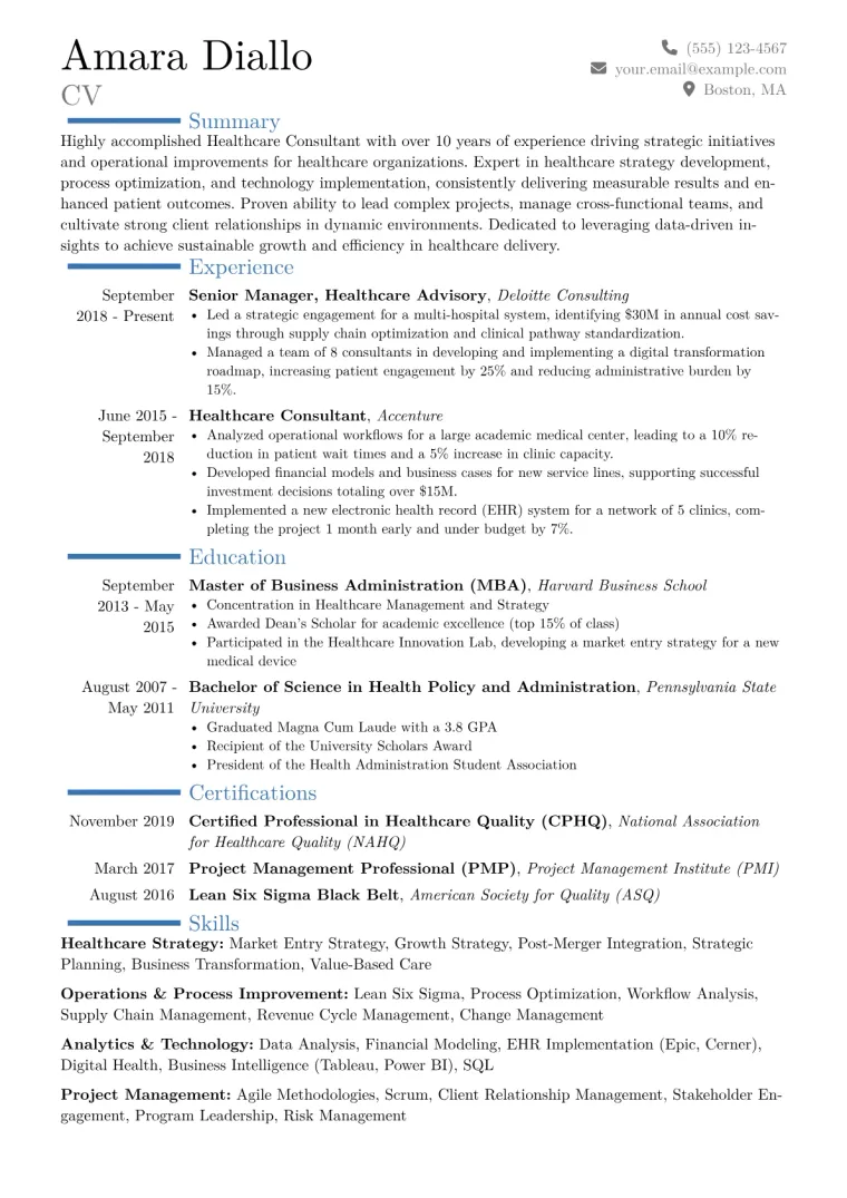 Healthcare Consultant Resume Example CV template preview