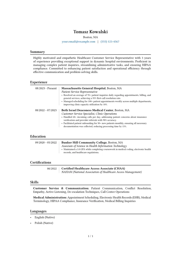 Healthcare Customer Service Representative Resume Example CV template preview