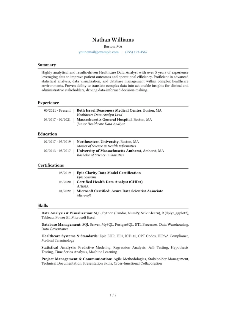 Healthcare Data Analyst Resume Example CV template preview