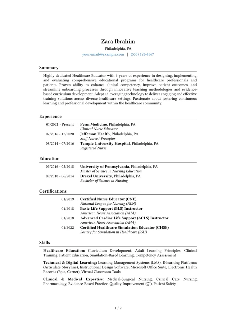 Healthcare Educator Resume Example CV template preview