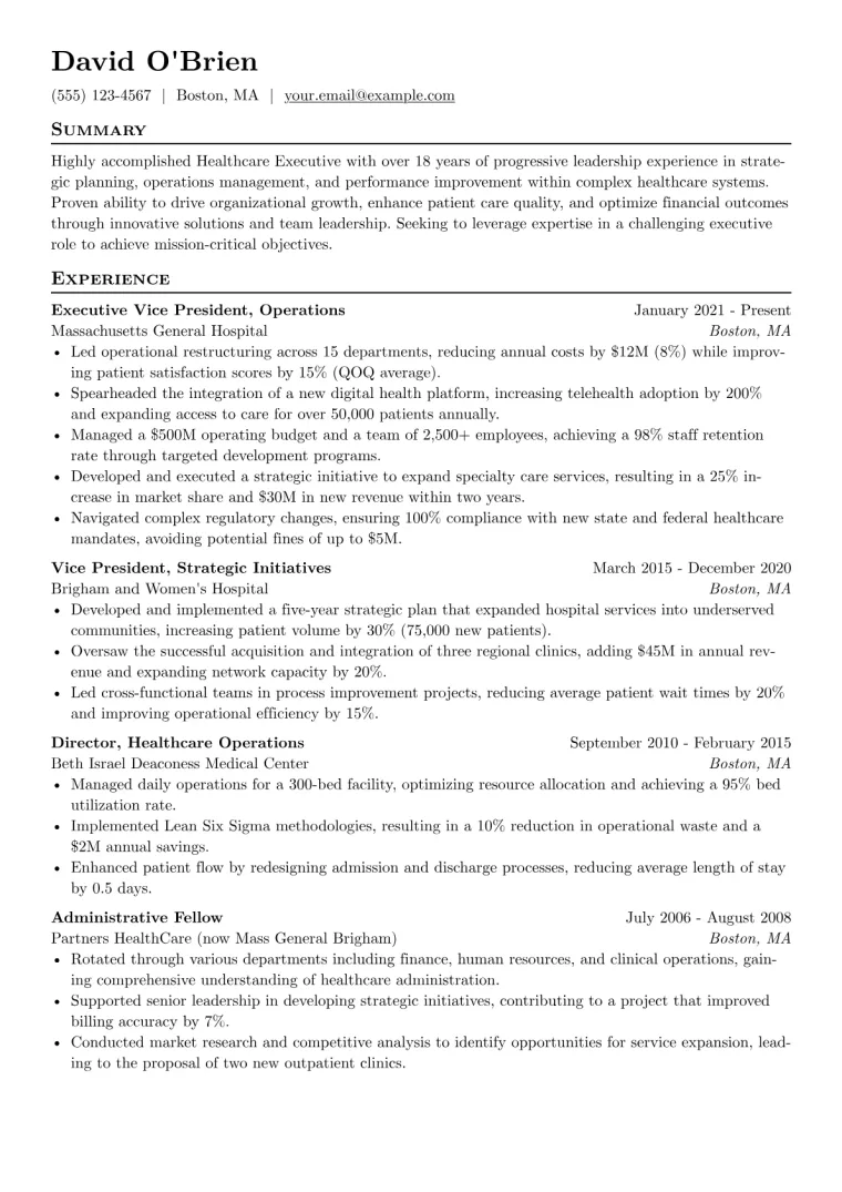 Healthcare Executive Resume Example CV template preview
