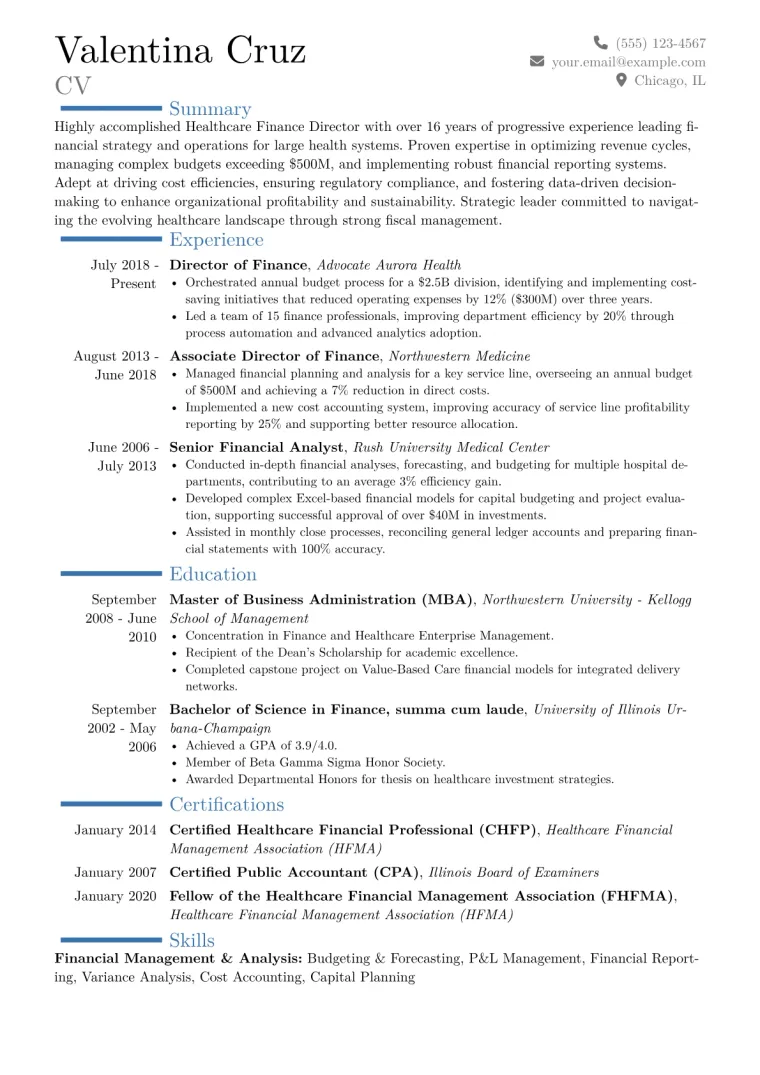 Healthcare Finance Director Resume Example CV template preview
