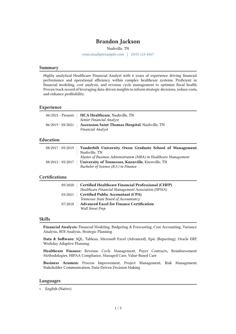Healthcare Financial Analyst Resume Example CV template preview