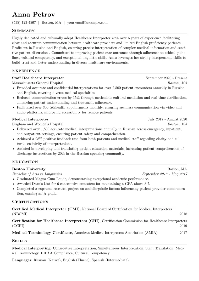 Healthcare Interpreter Resume Example CV template preview