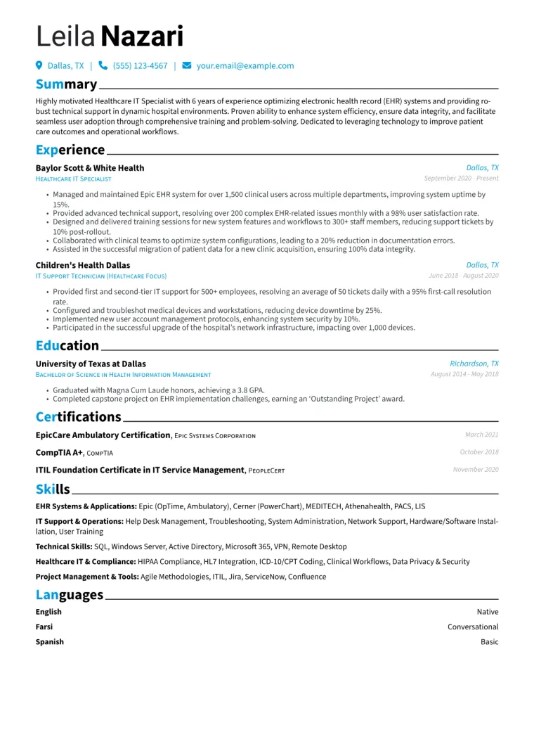 Healthcare IT Specialist Resume Example CV template preview