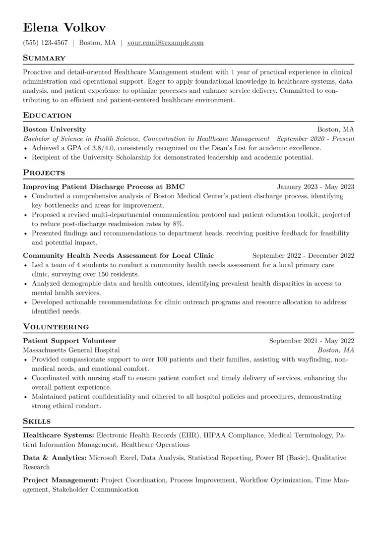 Healthcare Management Student Resume Example CV template preview