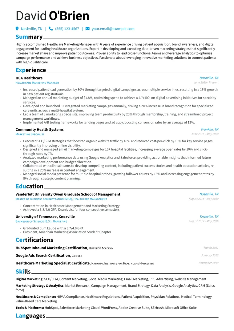 Healthcare Marketing Manager Resume Example CV template preview