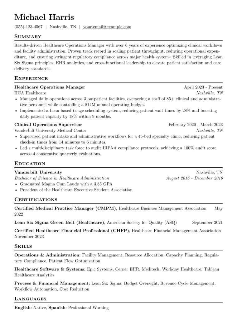 Healthcare Operations Manager Resume Example CV template preview