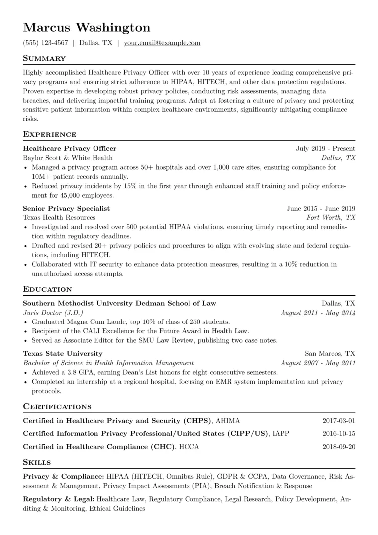 Healthcare Privacy Officer Resume Example CV template preview