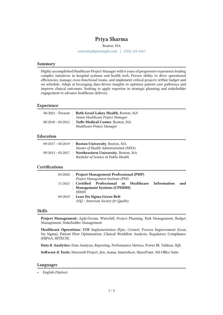 Healthcare Project Manager Resume Example CV template preview