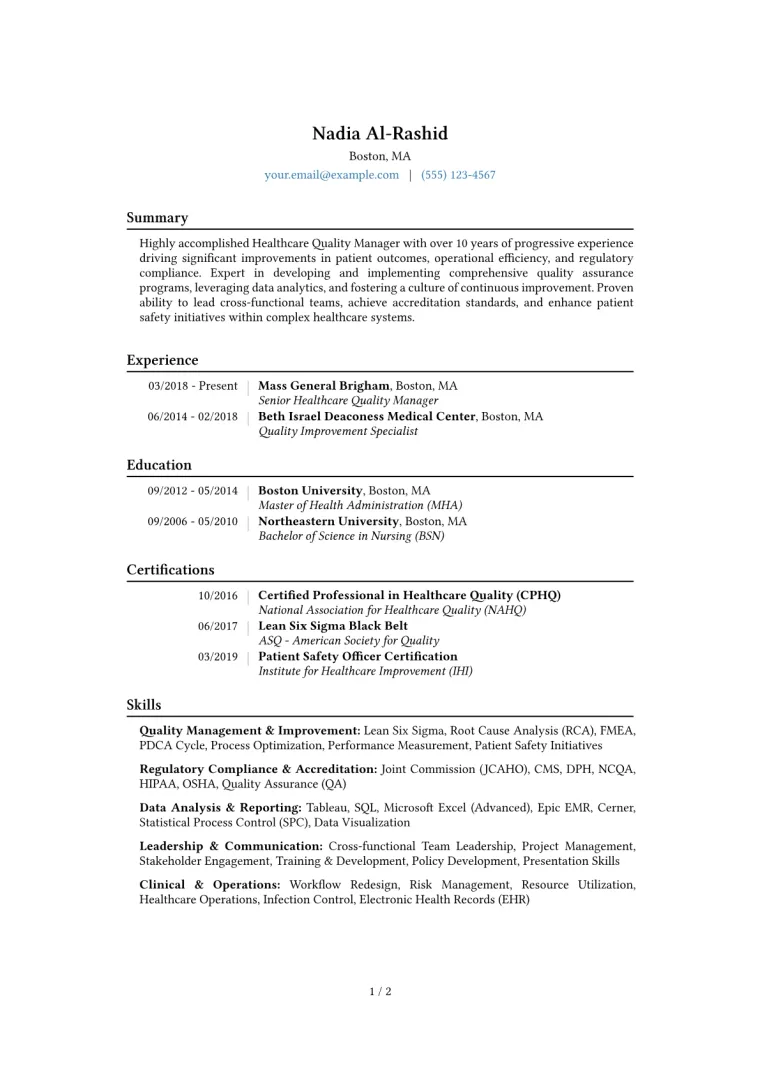 Healthcare Quality Manager Resume Example CV template preview