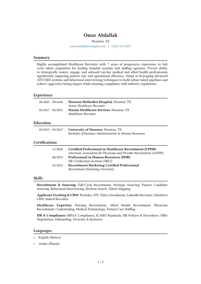Healthcare Recruiter Resume Example CV template preview