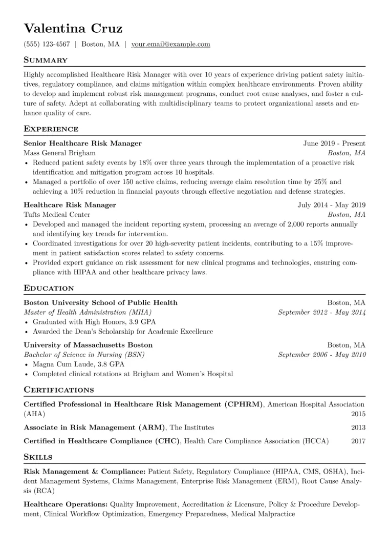 Healthcare Risk Manager Resume Example CV template preview