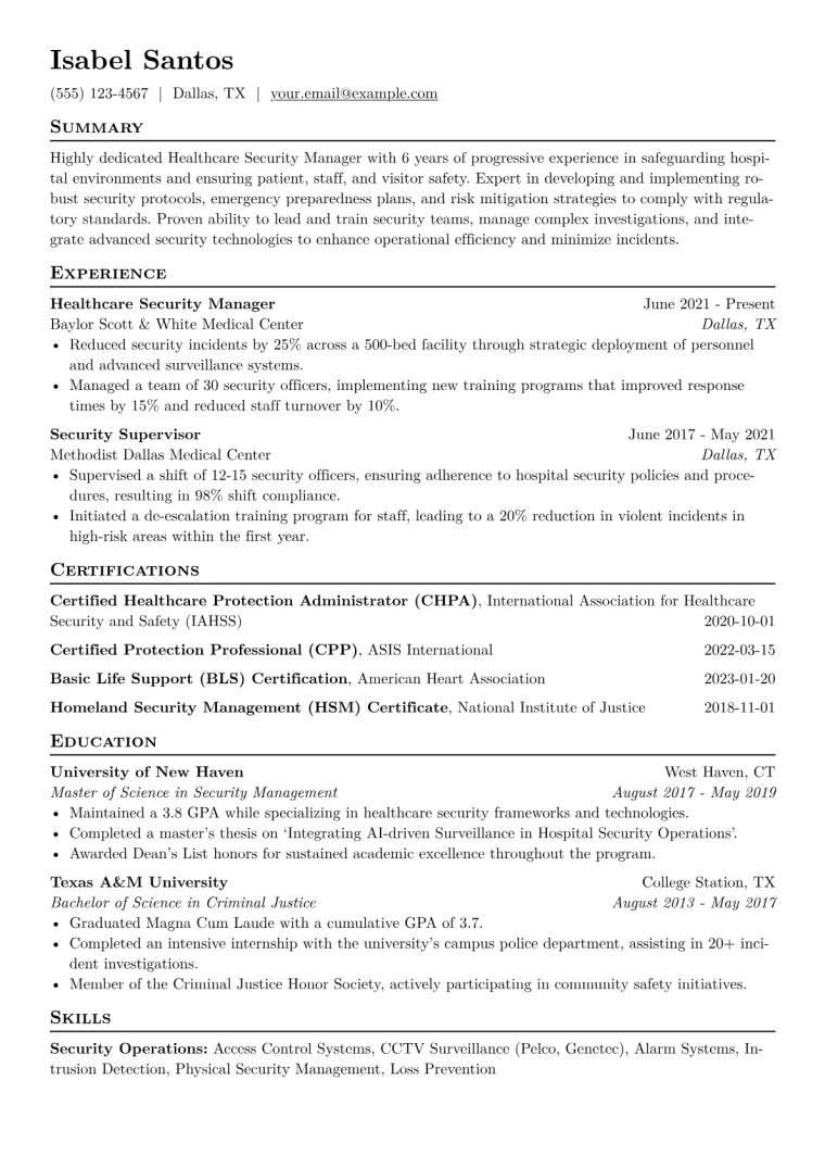 Healthcare Security Manager Resume Example CV template preview