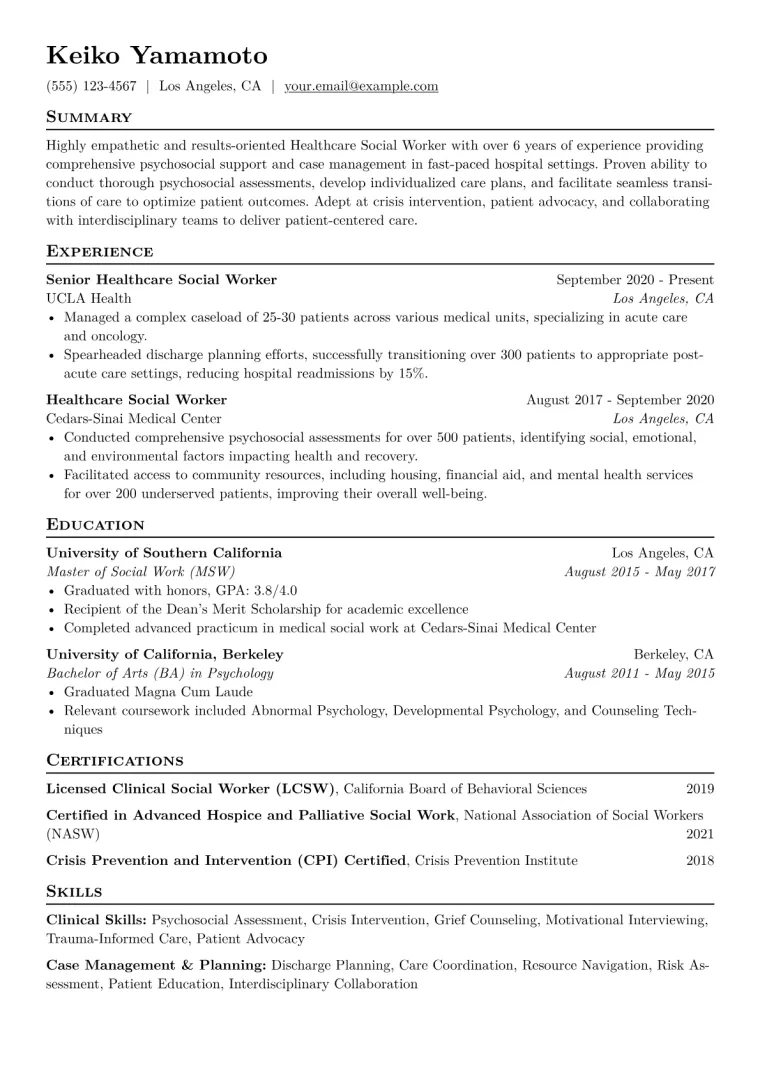 Healthcare Social Worker Resume Example CV template preview