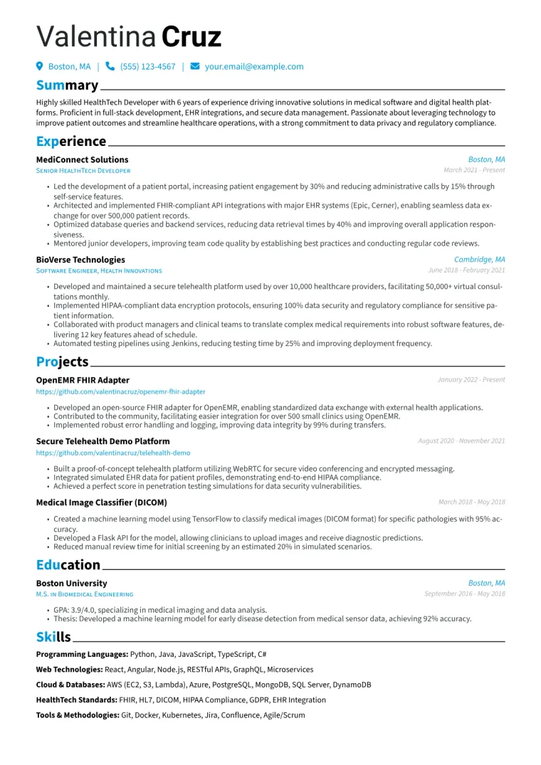 HealthTech Developer Resume Example CV template preview