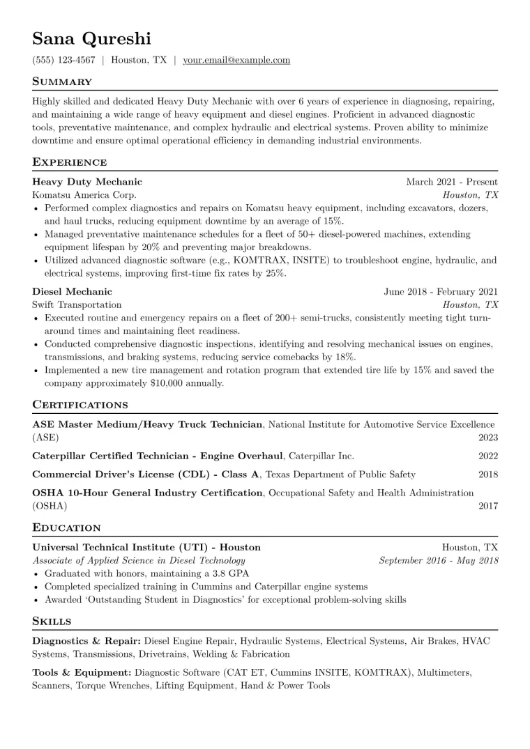 Heavy Duty Mechanic Resume Example CV template preview