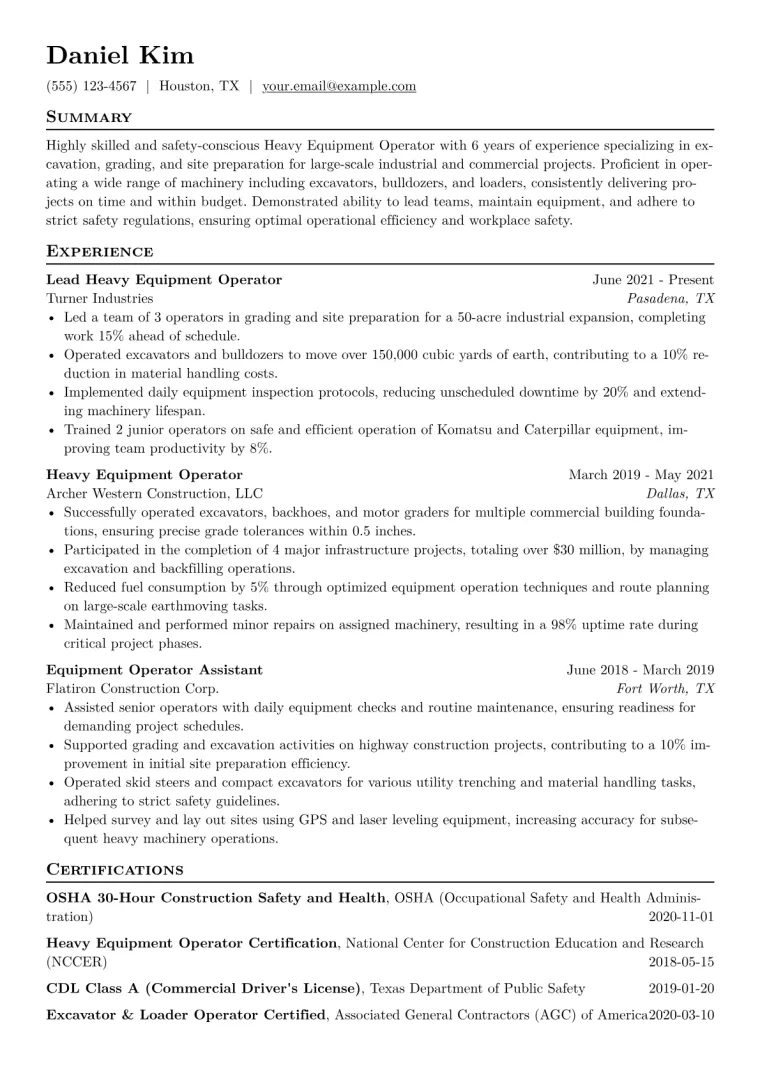 Heavy Equipment Operator Resume Example CV template preview