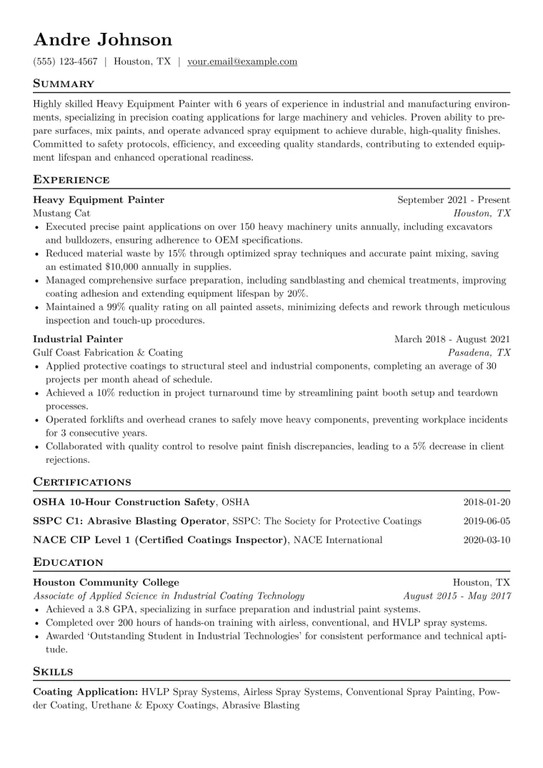 Heavy Equipment Painter Resume Example CV template preview