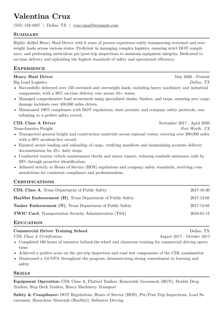 Heavy Haul Driver Resume Example CV template preview