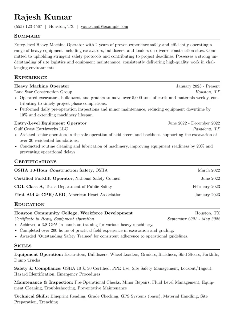 Heavy Machine Operator Resume Example CV template preview