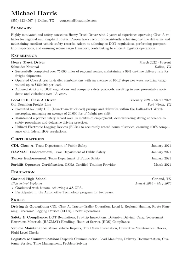 Heavy Truck Driver Resume Example CV template preview