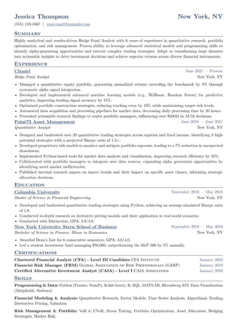 Hedge Fund Analyst Resume Example CV template preview