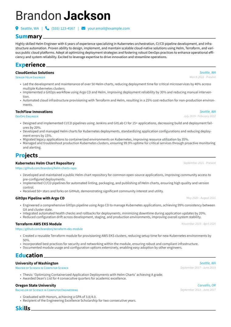 Helm Engineer Resume Example CV template preview