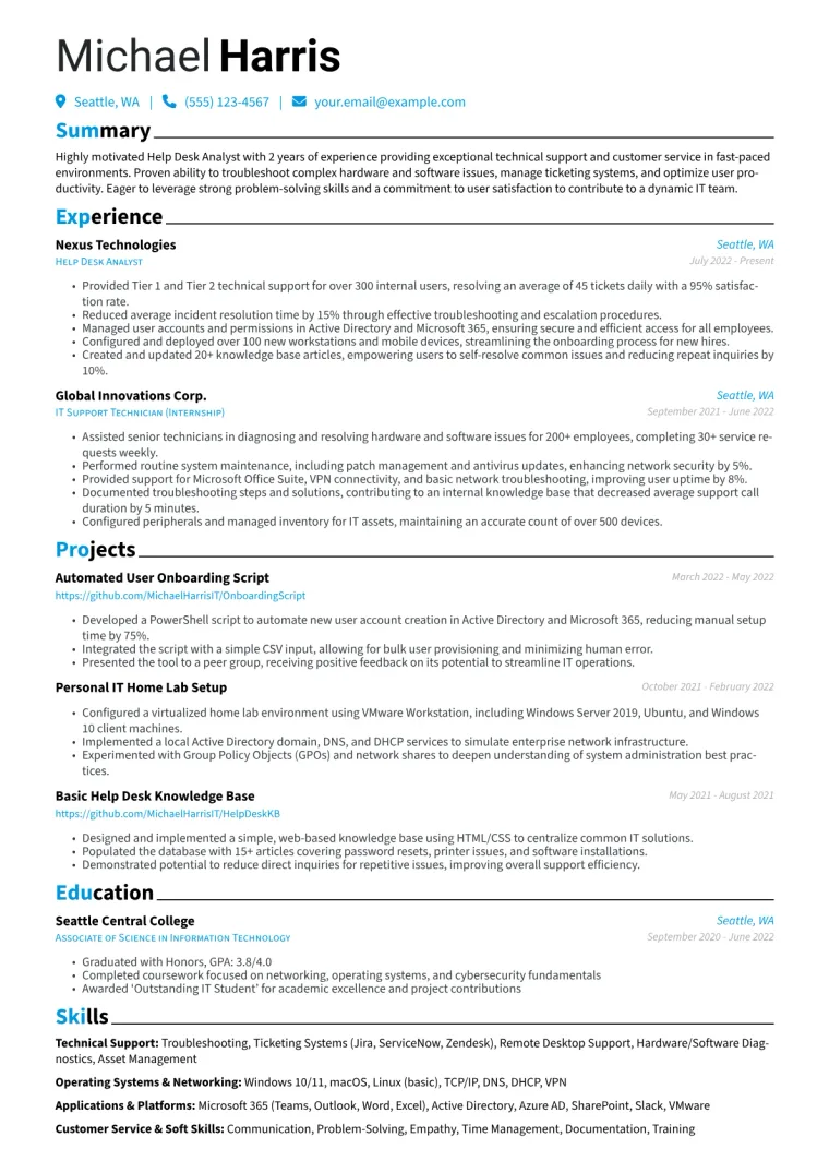 Help Desk Analyst Resume Example CV template preview