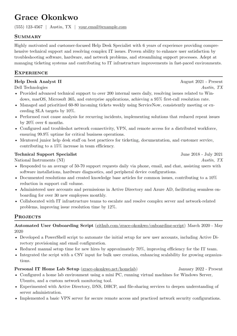 Help Desk Resume Example CV template preview