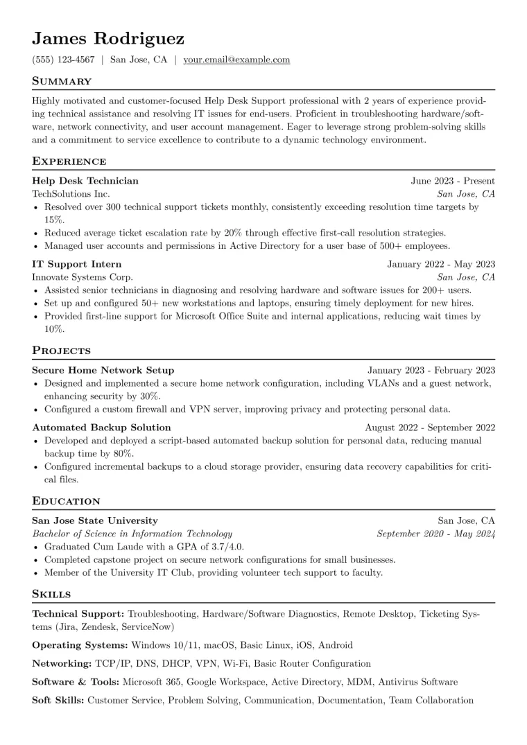 Help Desk Support Resume Example CV template preview
