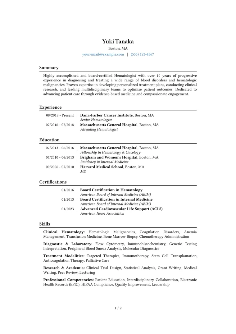 Hematologist Resume Example CV template preview