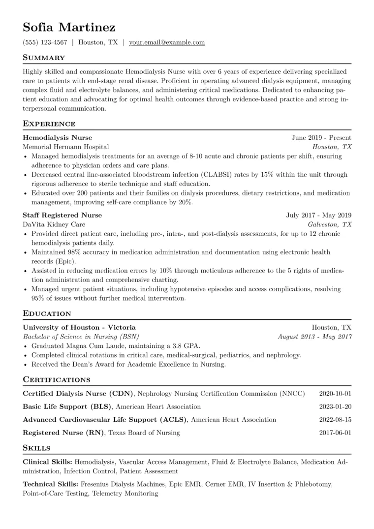 Hemodialysis Nurse Resume Example CV template preview