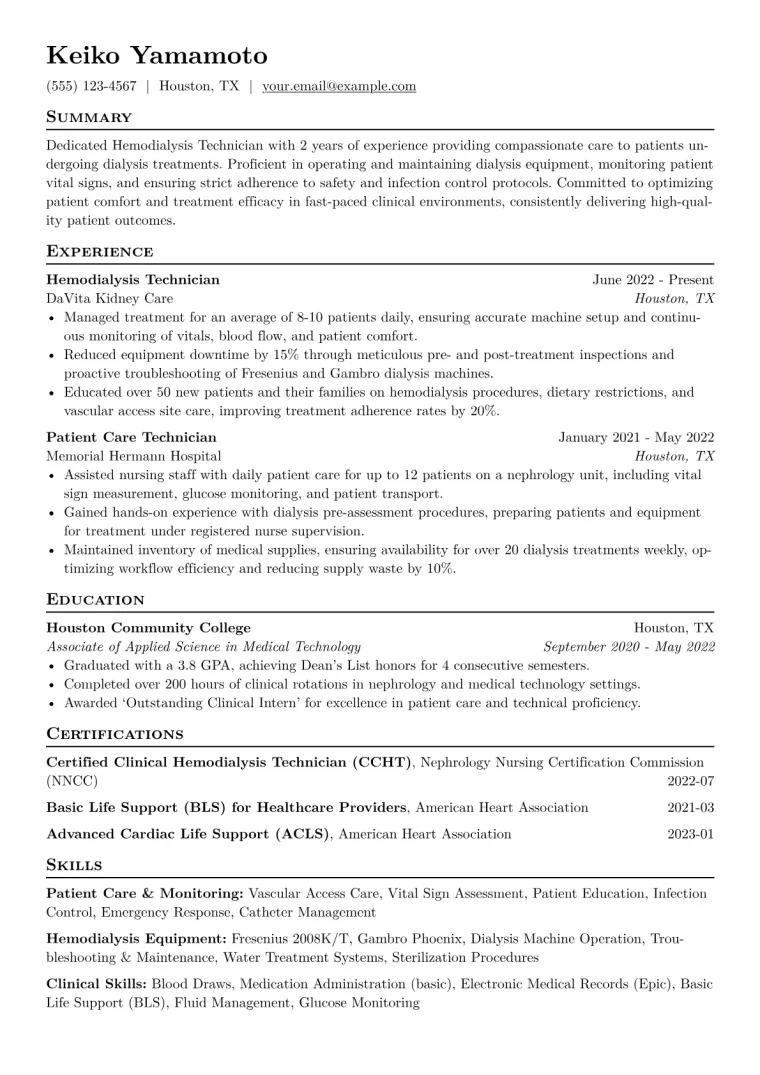 Hemodialysis Technician Resume Example CV template preview