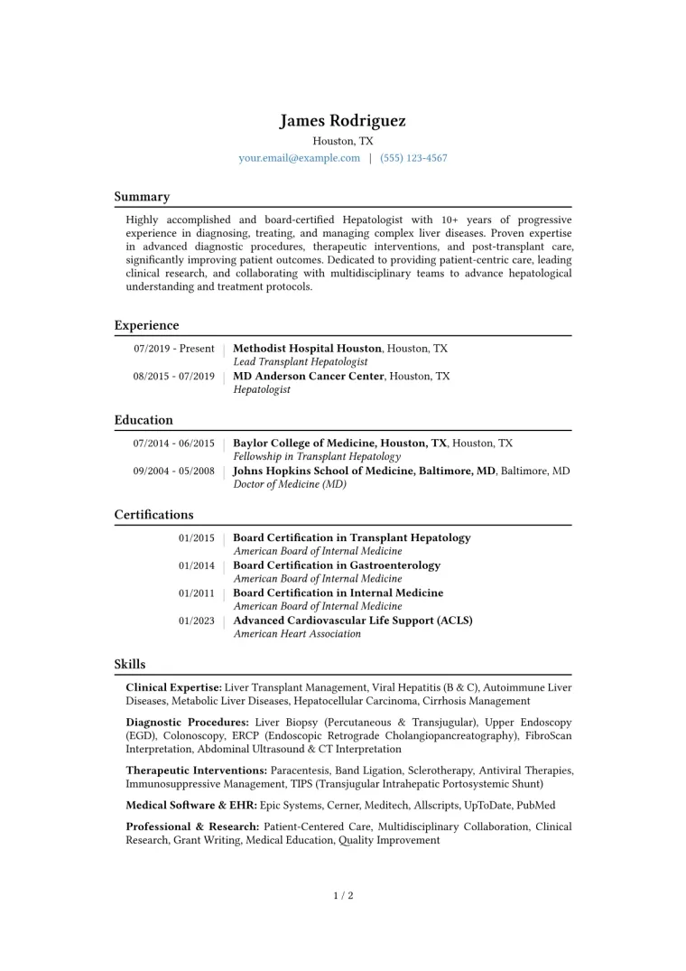 Hepatologist Resume Example CV template preview