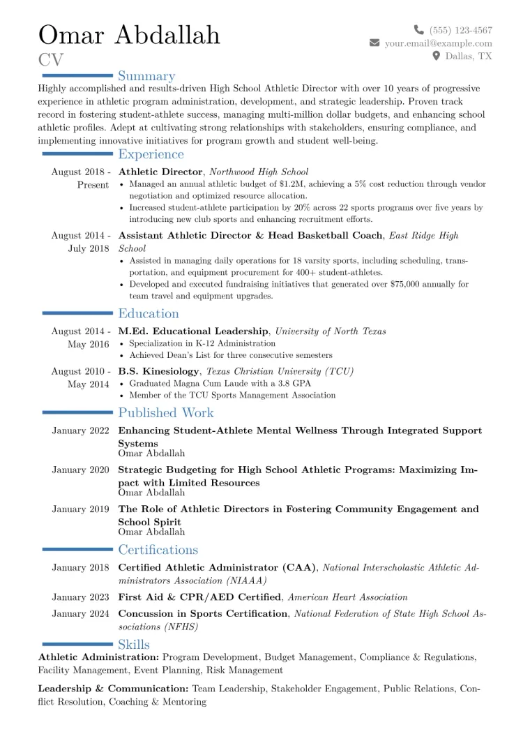 High School Athletic Director Resume Example CV template preview