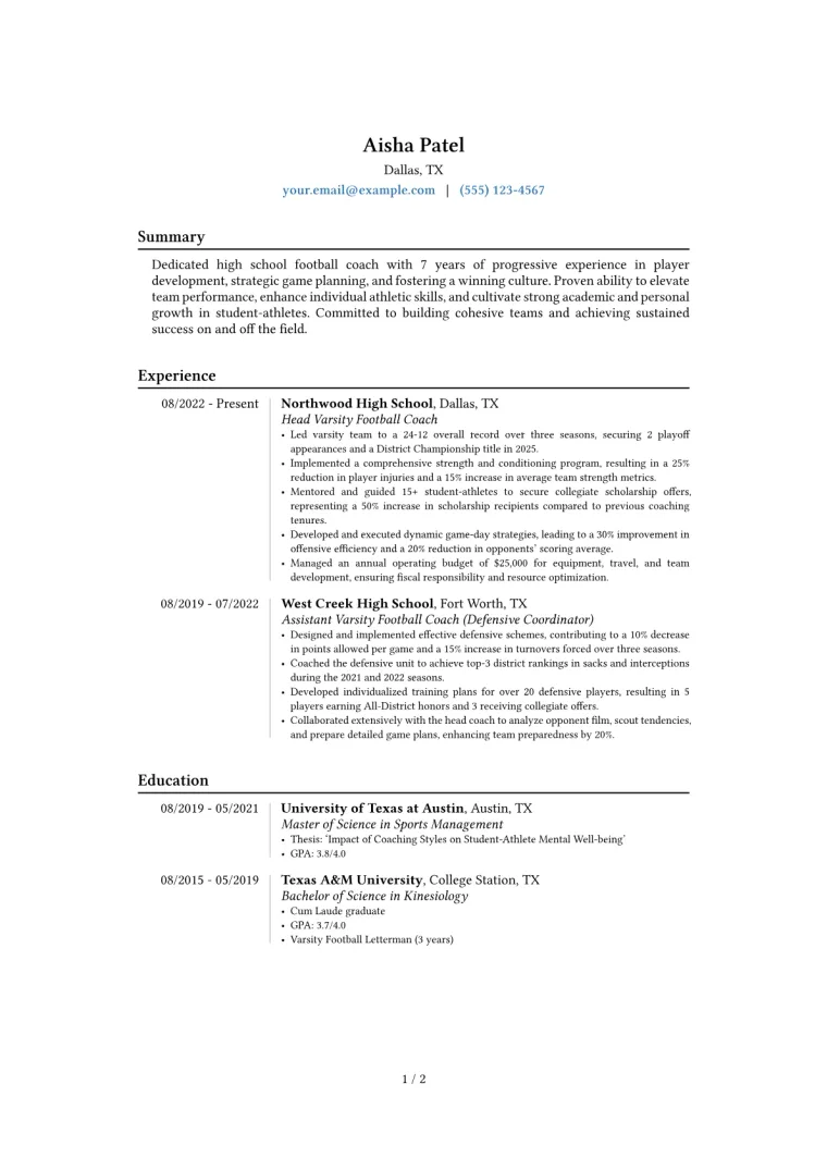 High School Football Coach Resume Example CV template preview