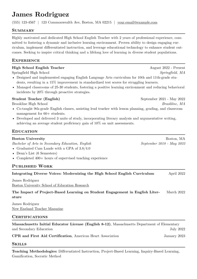 High School Resume Example CV template preview