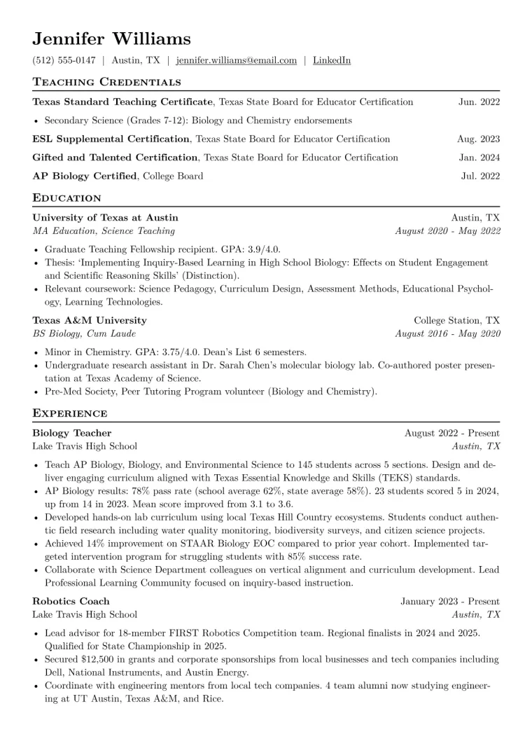 High School Teacher - STEM CV template preview