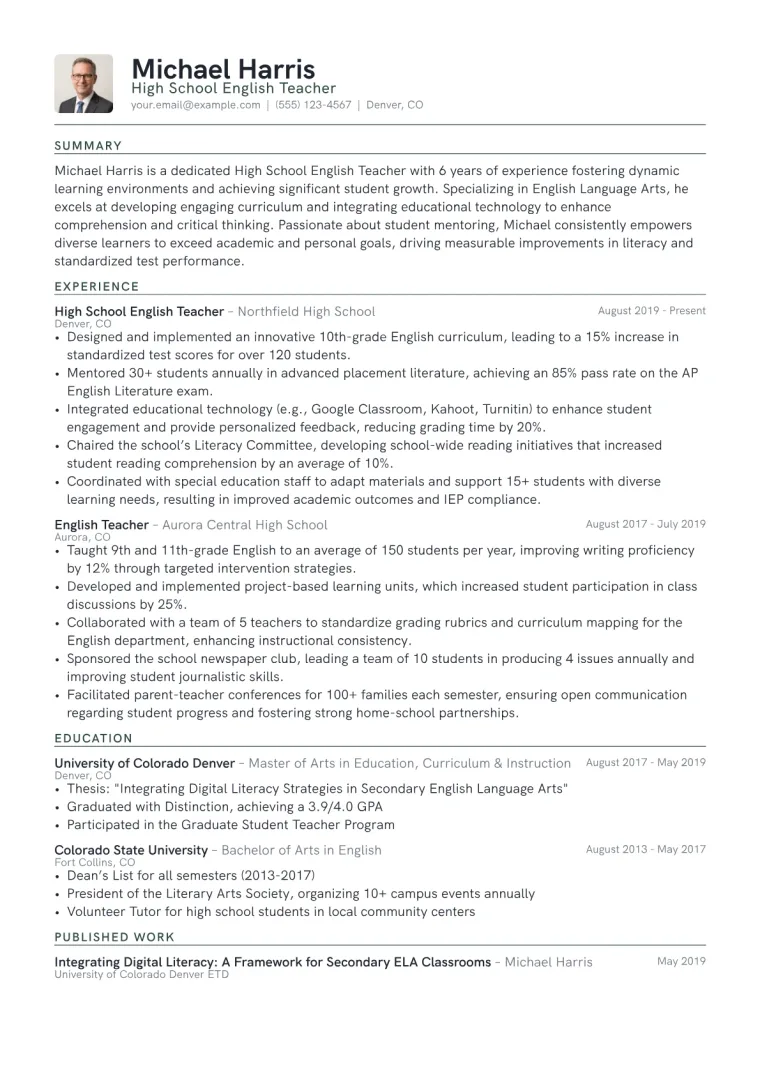 High School Teacher Resume Example in the Emblem template