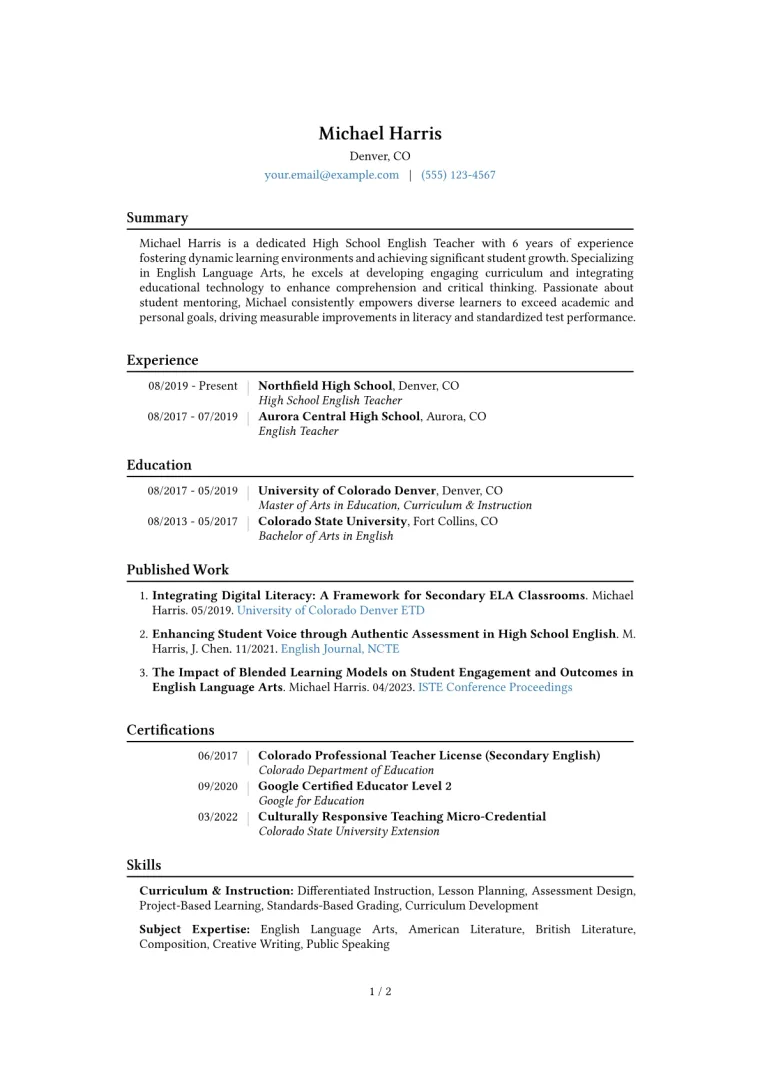High School Teacher Resume Example CV template preview