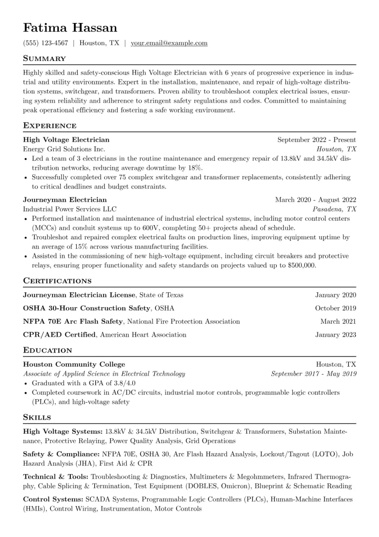 High Voltage Electrician Resume Example preview