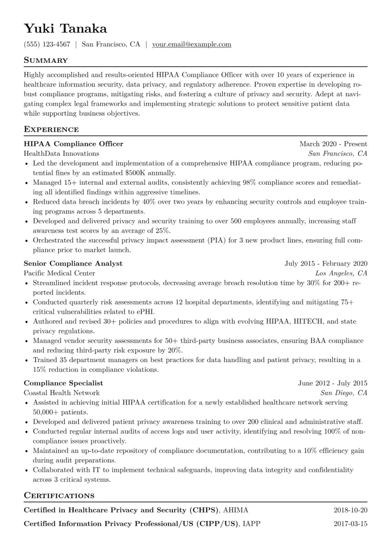HIPAA Compliance Officer Resume Example CV template preview