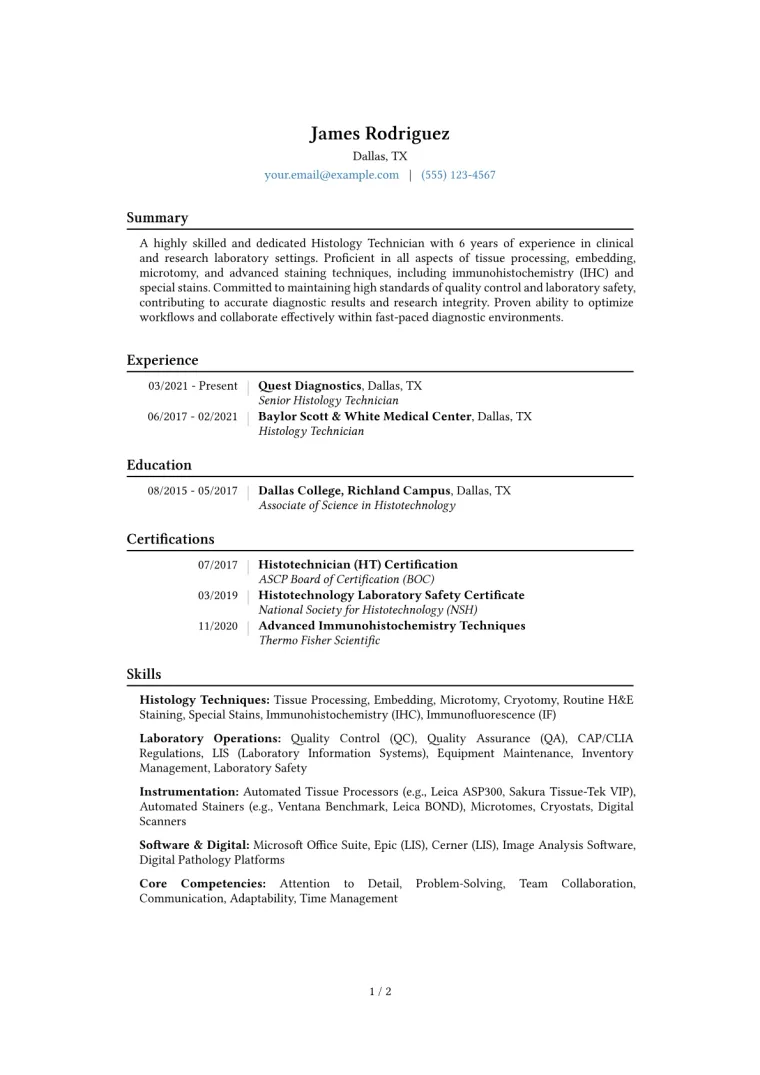 Histology Technician Resume Example CV template preview