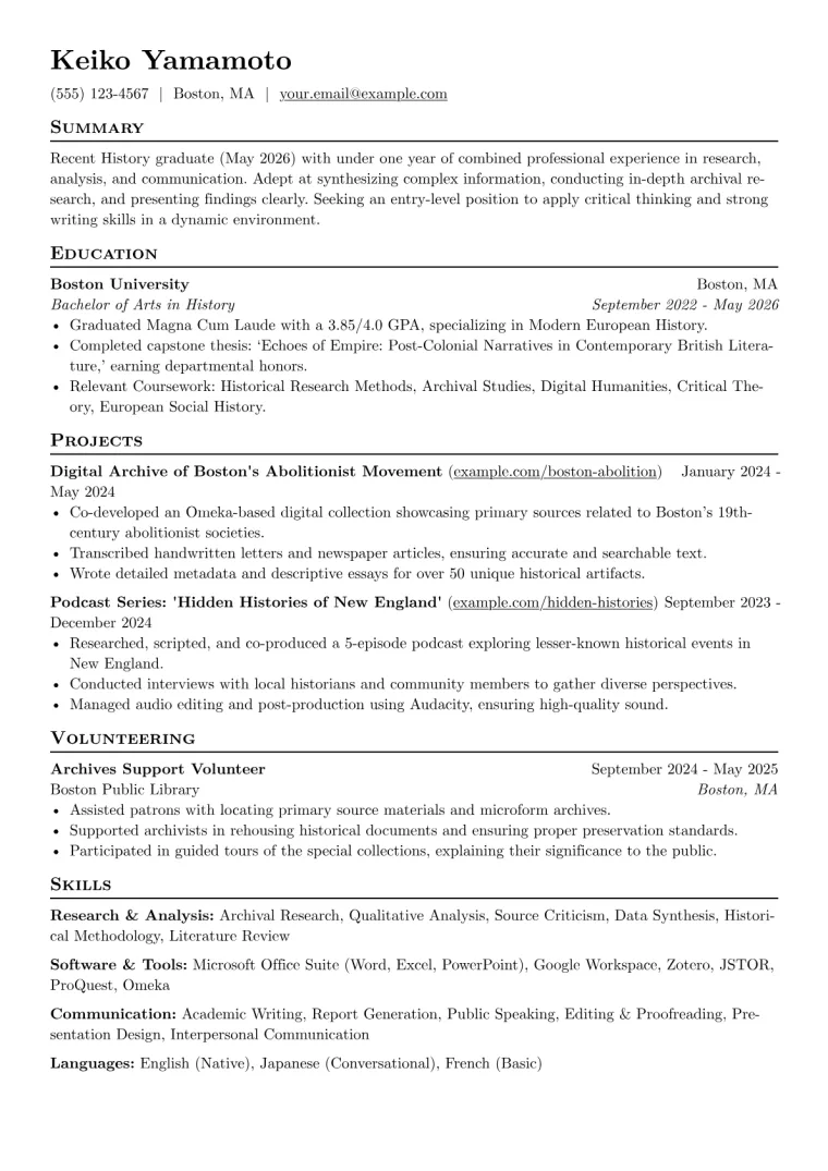 History Major Resume Example preview