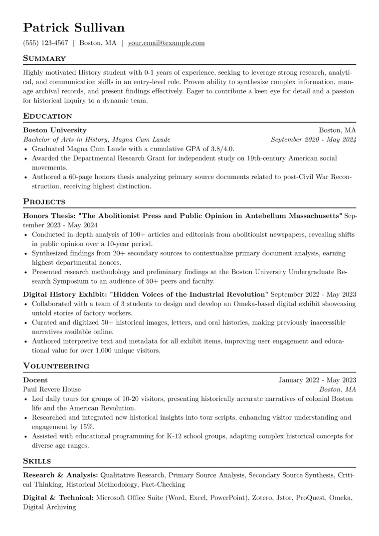 History Student Resume Example CV template preview