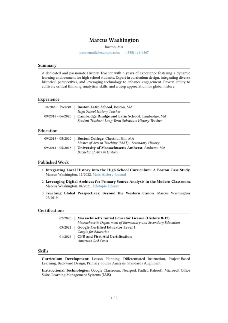 History Teacher Resume Example CV template preview