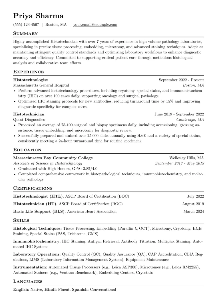 Histotechnician Resume Example CV template preview